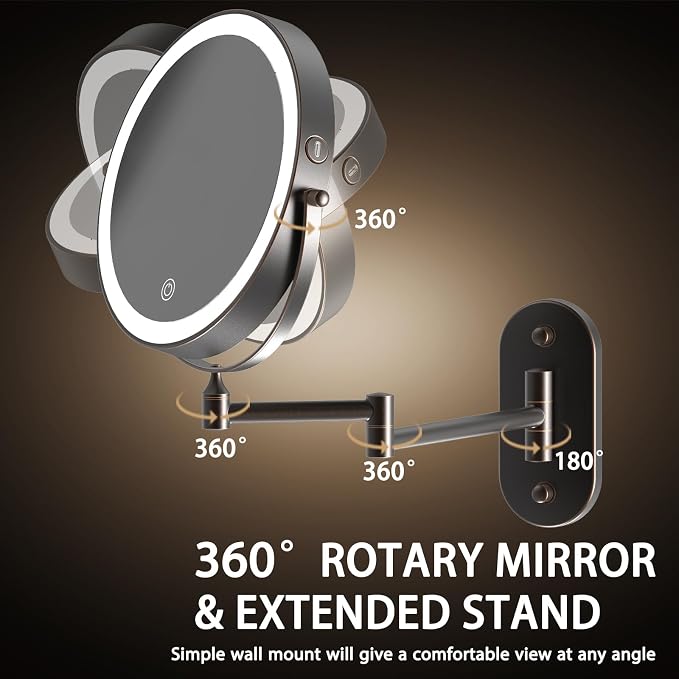 8" Wall Mounted Makeup Mirror,Oval Base, 10X, Oil Rubbed Bronze | Rechargeable Lighted Makeup Vanity Mirror,Double Sided Dimmable,Magnifying,3 Color Lighting,360 Rotation Shaving,Women Gift