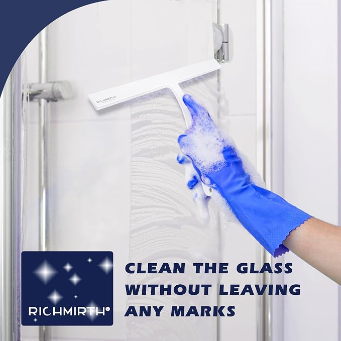 12 Inch Silicone Shower Squeegee for Glass Doors with Microfiber Cloth & Hook, Streak-Free Window Cleaner for Bathroom Mirror Tile Car, No-Scratch Squeegee with Rustproof Metal Core (White)