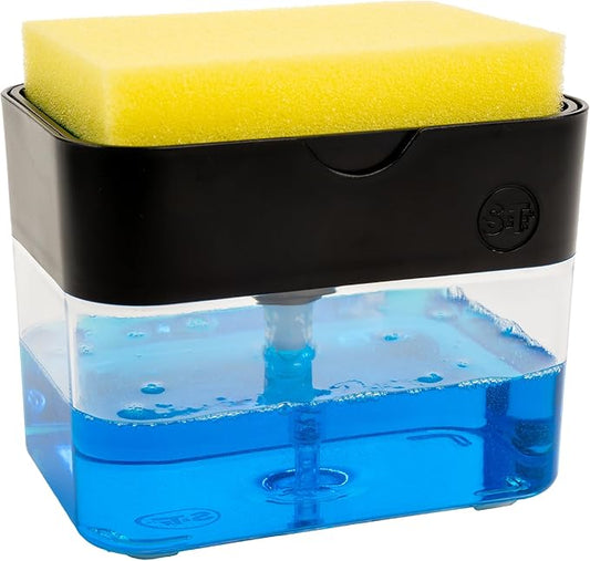 S&T INC. Dish Soap Dispenser and Sponge Holder, Matte Black | Holds 13 Fluid Ounces, Sponge Included, Anti-Slid Feet, Push to Dispense Perfect Amount of Dish Soap