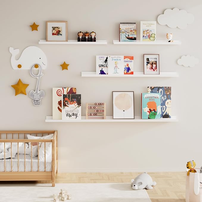 Fun Memories Picture Ledge Shelf for Wall, Floating Shelves Set of 4, 48 Inch Long Nursery Book Shelves for Toys Storage, Kids Bookshelf Wall Mounted for Books Photo Frames, White
