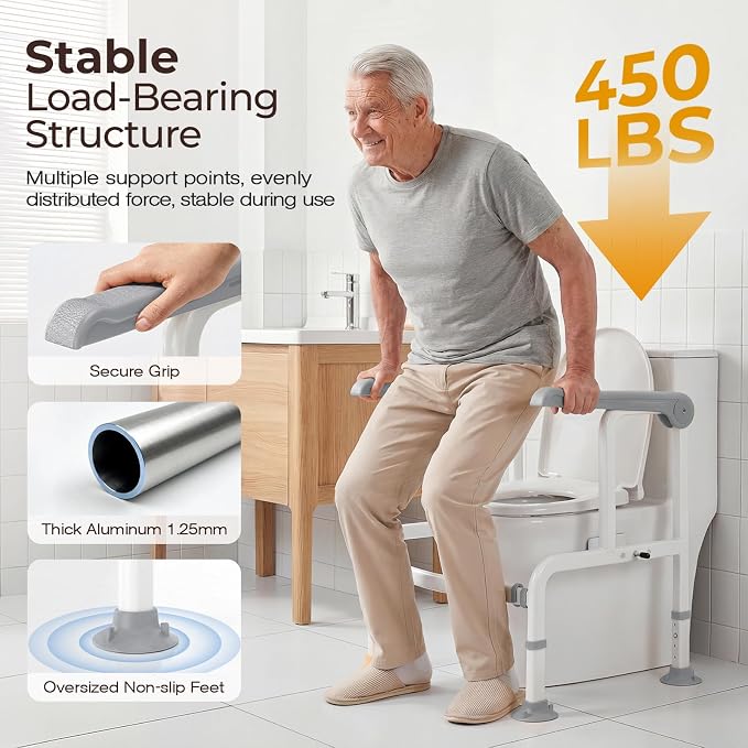 Toilet Safety Rails for Elderly & Disabled with Glow-in-the-Dark Handles, 450 lbs Heavy-Duty Frame, Flip-Up Arms, Dual Lock (Suction & Clamp), Adjustable No-Wobble Support, Grey