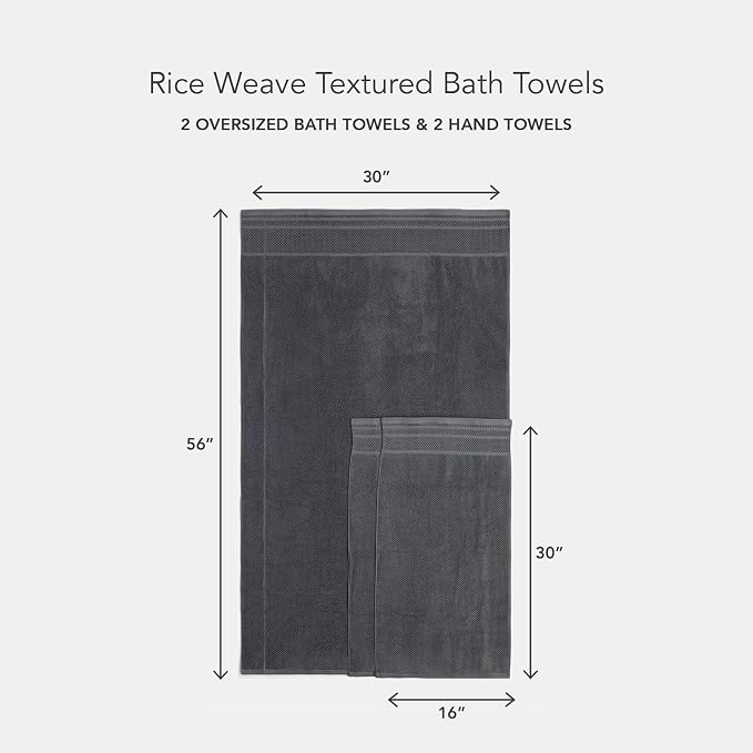 Texere 100% Organic Cotton Rice Weave Jacquard 700 GSM Luxury Bath Towel Sets - Ultra Soft and Absorbent Hotel and Spa Quality (Rice Weave, Charcoal, 2 Bath & 2 Hand Towels)