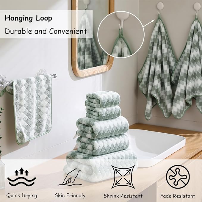 12 Pcs Green White Diamond Towel Set-4 Bath Towels,4 Hand Towels,4 Washcloths Soft Polyester Towels with Loop Absorbent Shower Towel Quick Dry Beach Chair Towel Family Towels for Bathroom Spa Gym Pool
