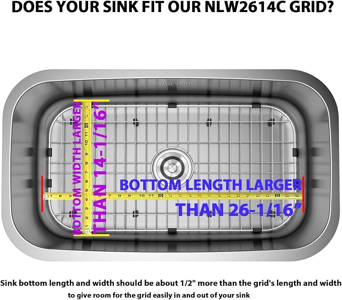 Serene Valley Sink Protector Grid 26-1/16" x 14-1/16", Centered Drain with Corner Radius 3-1/2", 304 Stainless Steel Material NLW2614C