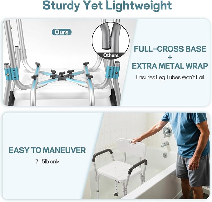 Heavy Duty Shower Chair for Elderly & Disabled with Padded Armrests & Back | Tool-free assembly adjustable height shower seat for inside shower. Provides secure, comfortable support for handicap adults