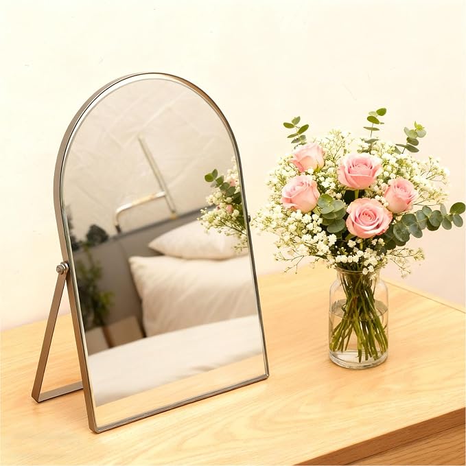 Black Metal Bedroom Mirror Vanity Countertop Makeup Mirror Arch Makeup Bathroom Mirror Rotation Framed Standing Mirrors 90°Adjustable Room Decor for Living Room,Bathroom Tabletop
