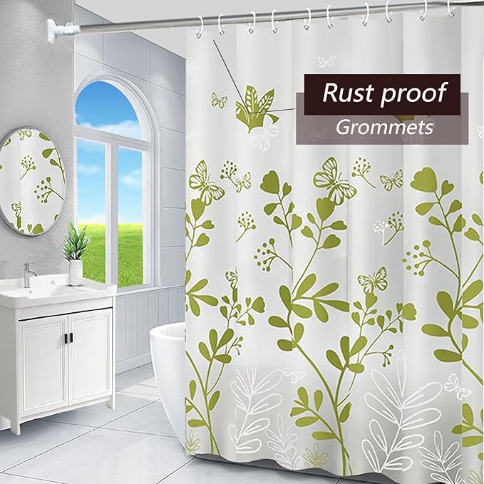 TIKABC Shower Curtain Liner, 4G PEVA Green Butterfly Shower Liner, Plastic Waterproof Shower Curtains, 72x72 inch with Grommet Holes 3 Magnetic Weights