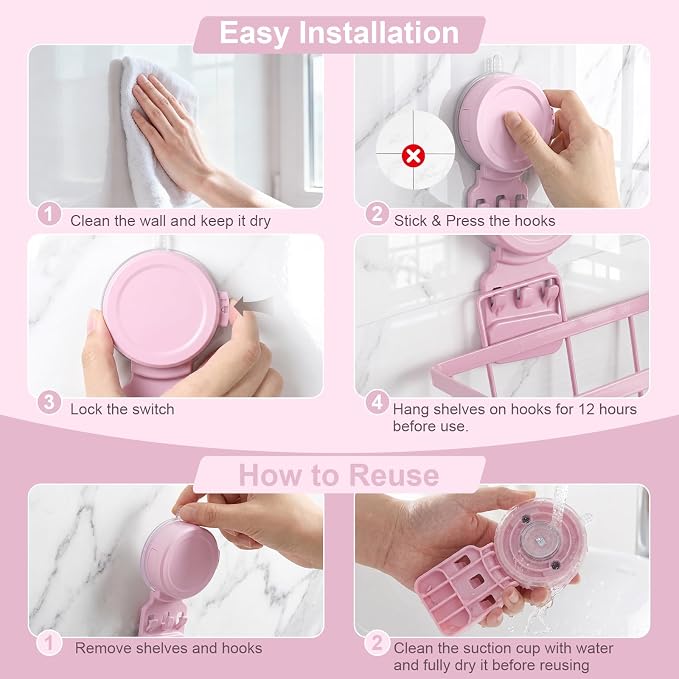 JOTPE Pink Suction Cup Shower Caddy, 2 Pack Bathroom Organizer with Hooks | No-Drill Shower Organizer with Strong Suction Cups, Rust-Resistant Metal Shelves Store Shampoo, Soap and Bath Essentials