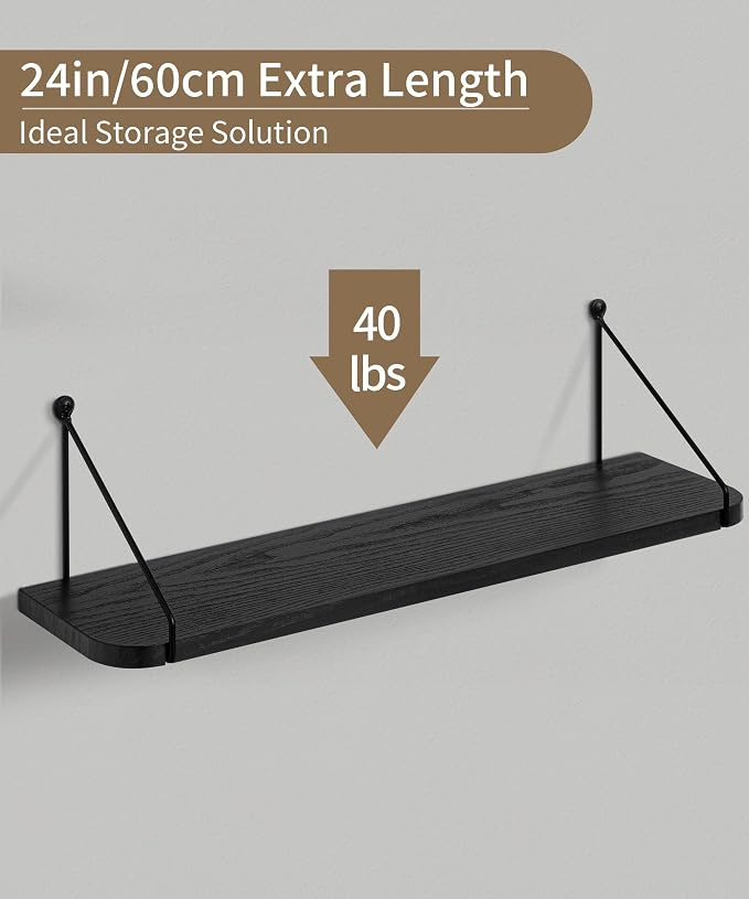 Afuly Black Floating Shelves for Wall, 24in Shelf with Brackets, Set of 2 | Long Hanging Bookshelf, Plants Photos Display, Organizer Modern, for Bathroom, Kitchen, Living Room, Bedroom, Home Decor