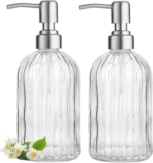 2 Pack Clear Glass Hand Soap Dispenser Set | 18oz Bottle with Silver 304 Rustproof Stainless Steel Pump for Kitchen and Bathroom