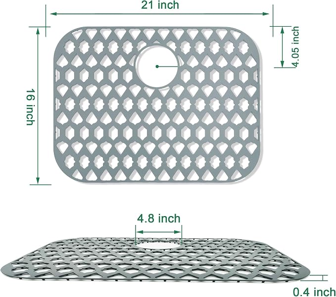 Silicone Sink Protector for Multi-Size Kitchen Sink (21"x16", Rear Drain) | Flexible and durable, heat-resistant, machine washable, non-slip, gray grid.