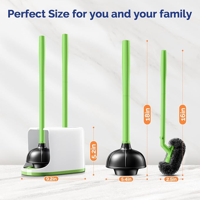 HAMITOR Toilet Plunger Bowl Brush Combo：Heavy Duty Rubber for Drain Clog | Curved Design Bristles for Deep Cleaning Under Rim - Compact Bathroom Cleaning Tools for New Homet Essentials, Green