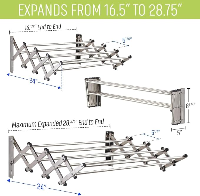 Wall Mounted Clothes Drying Rack | Adjustable to Fit Your Space | 20 Linear Feet Drying Capacity | 8 Stainless Steel Rods | 60 lb Capacity | Fully Assembled | Compact Space-Saving Design