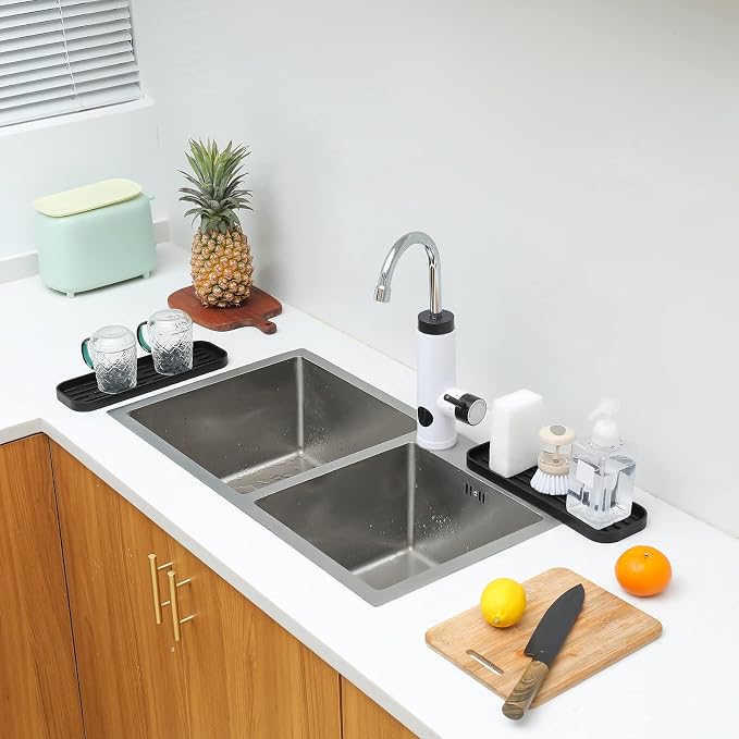 MicoYang Silicone Kitchen Sink Organizer Tray for Multiple Usage,Eco-Friendly Sponges Holder for Kitchen Bathroom Counter or Sink,Dish Soap Dispenser,Scrubber,Bottle,Cup (Black, 12"×4")
