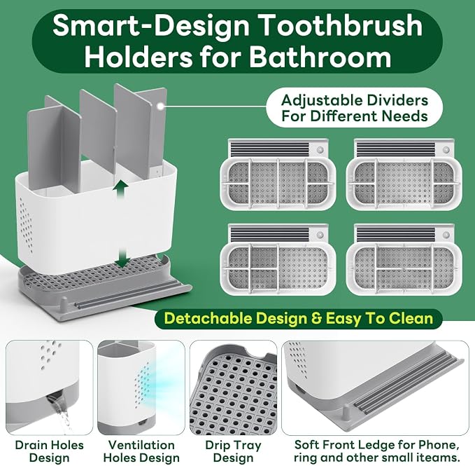 Toothbrush Holders for Bathrooms, Adjustable 6 Slots Electric Toothbrush and Toothpaste Holder, Cord-Friendly Detachable Bathroom Countertop Organizer with Front Ledge for Phone and Ring Holder
