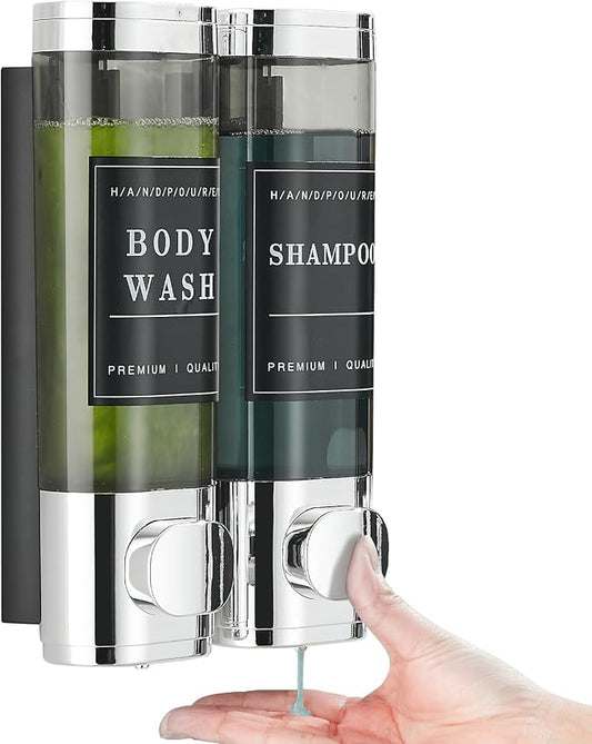 Shower Soap Dispenser 2 Chamber No Drill Wall-Mounted Shampoo Dispenser for Shower Wall Mounted Shower Dispenser for Bathroom Hotel Large Capacity,Chrome1