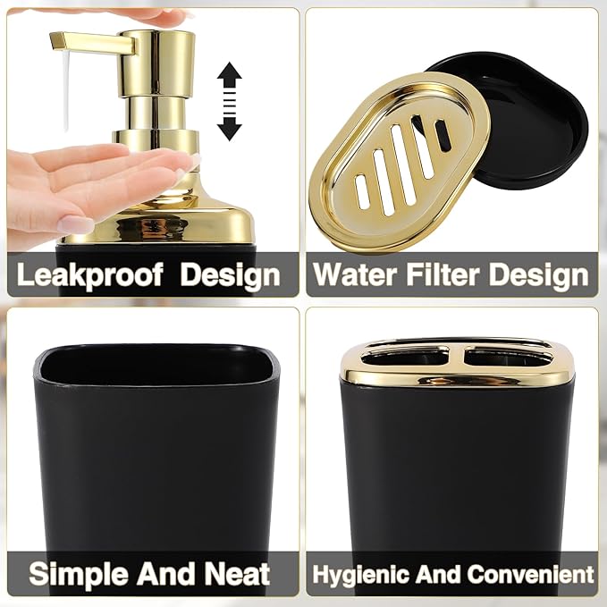 XLHOMO Black Bathroom Accessories 8 Piece Black and Gold Bathroom Set, Bathroom Accessories with Stainless Steel Bathroom Trash Can,Toilet Brush,Toothbrush Set,Soap Dispenser