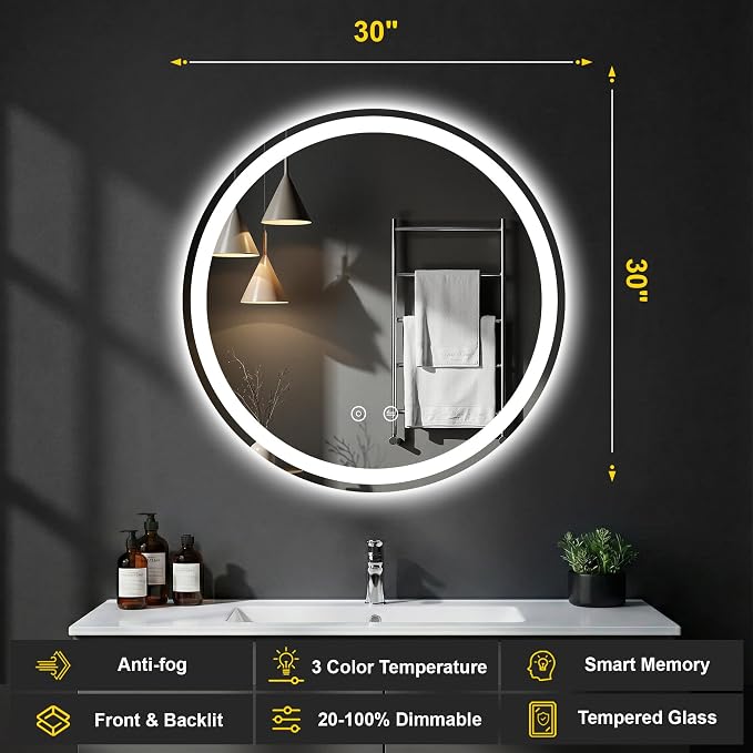 Round LED Bathroom Mirror with Lights, 30 Inch Circle Lighted Vanity Mirror | Anti-Fog, Dimmable 3 Colors, Backlit + Frontlit, HD Shatterproof Tempered Glass, Memory Function