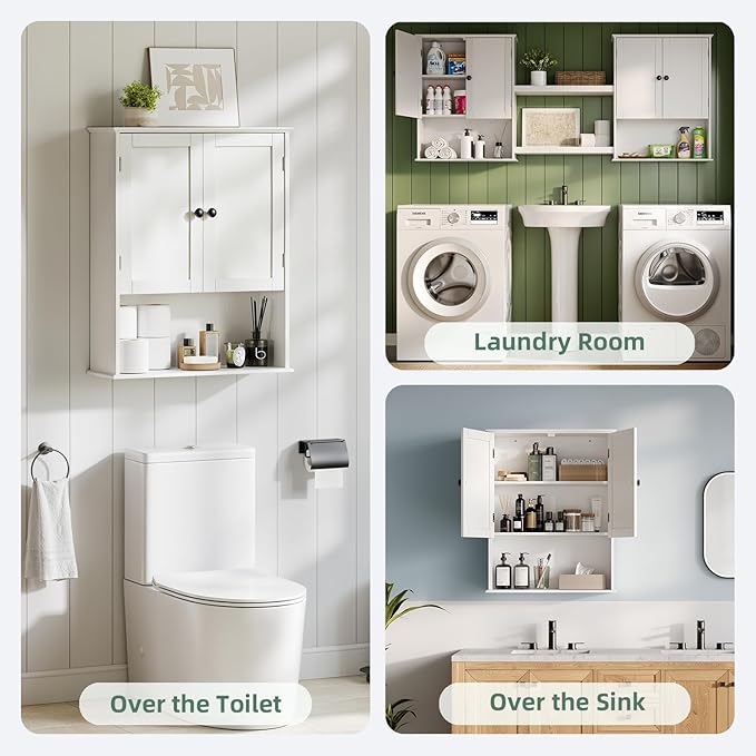 Bathroom Wall Cabinet, 30" x 24" White Painted Finish Wooden Wall Mounted Medicine Cabinet with 3 Level Adjustable Shelf, Over the Toilet Storage Cabinet, Wall Storage Cabinet for Bathroom