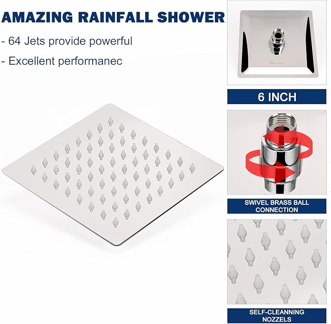NearMoon Rain Shower Head, High Flow Stainless Steel Square Rainfall Shower, High Pressure Design, Awesome Shower Experience Even At Low Water Flow (6 Inch, Chrome Finish)