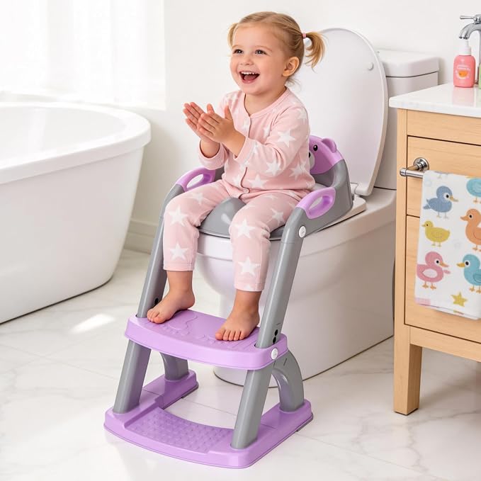Potty Training Toilet for Toddlers, 2-in-1 Potty Training seat, Anti-Slip | SKYROKU, Fits Round & Elongated Toilets, 6 Heights, Splash Guard, Foldable, Holds 200+ lbs, Step Stool, Dishwasher Cushion