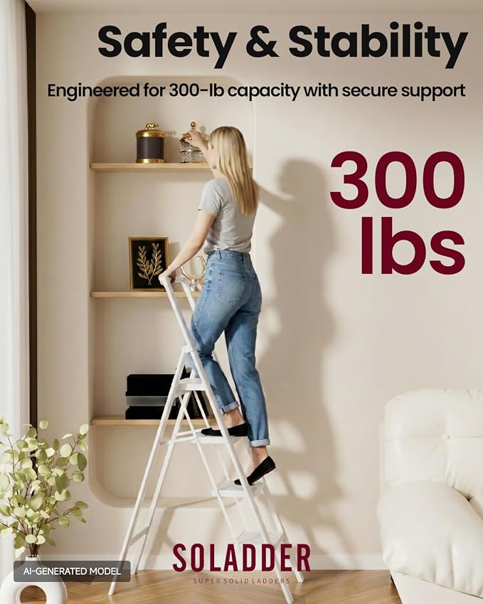4 Step Ladder, Lightweight Folding Step Stool, Pure White | Reach 8ft;Anti-Slip Wide Pedal;Portable Handrail;Space-Saving;For Kitchen, Home, Library, Office Use;300lbs Capacity