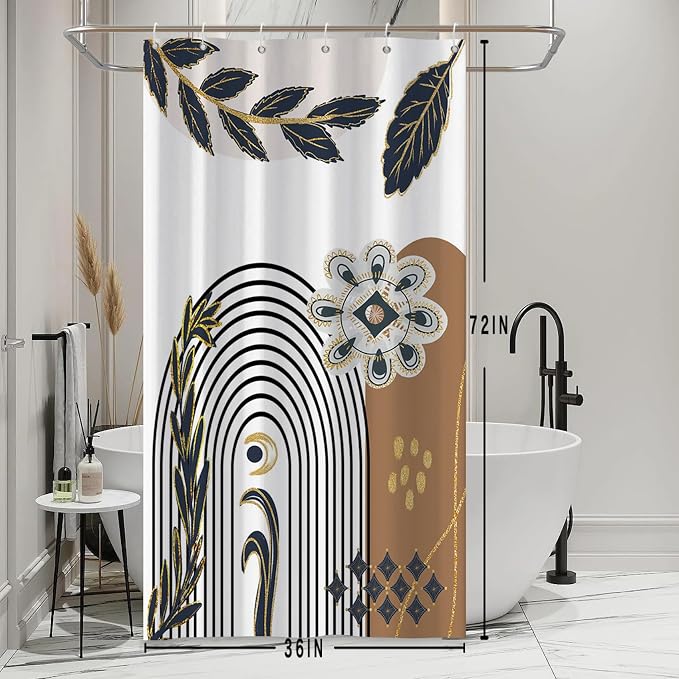 Black and Gold Boho Stall Shower Curtain with Hooks 36x72 Inch | Waterproof Small Abstract Black Arch Leaves Bathroom Curtain for Shower Stall, Machine Washable
