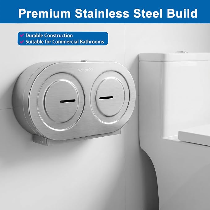 Twin Jumbo Toilet Paper Dispenser Wall Mount, 9" Commercial | Stainless Steel Double Roll Toilet Paper Holder, Industrial Large Tissue Dispenser with Lock, Brushed