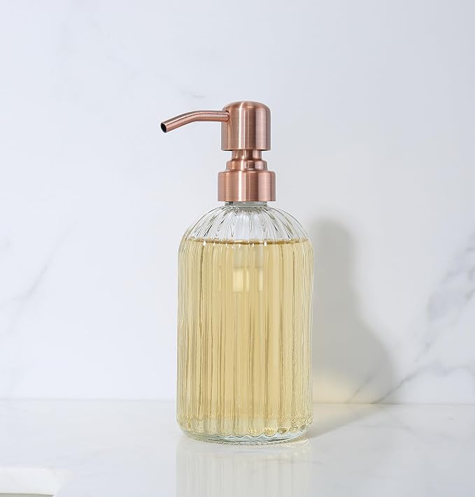 Copper Glass Bathroom Soap Dispenser with Metal Pump,Vintage Dish Soap Dispenser for Kitchen, Used for Lotionor Home,Bathroom,Countertop, Hotel,2 Packs