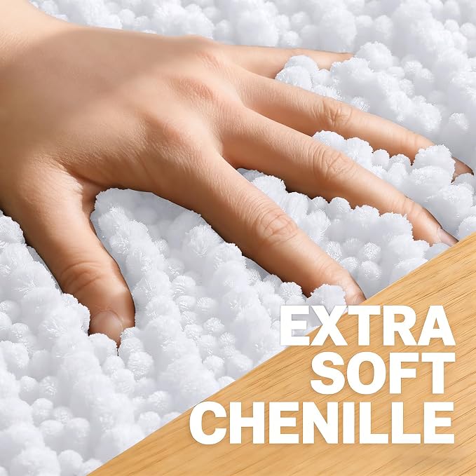 OLANLY Bathroom Rugs 34x21, Thick Soft Absorbent Chenille Bath Rugs | White, Shaggy Bath Mat with Quick-Drying Rubber Backing, Machine Washable for Floor, Tub and Shower, Home Decor Accessories