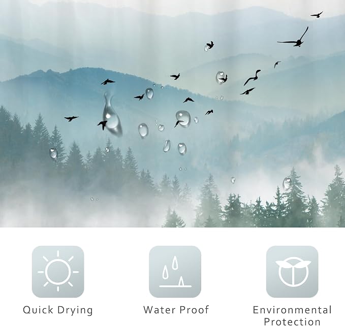 Green Rustic Mountain Scenery Pine Tree Bathroom Shower Curtain Set | 54"W x 78"L shower curtain， Greenery Landscape: HD waterproof print, quick-dry cloth, free hooks for easy installation.