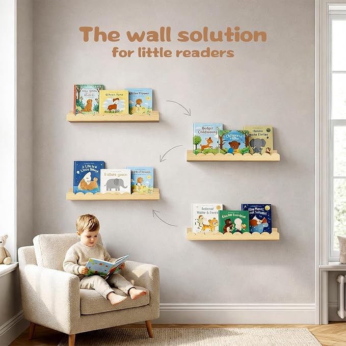 Nursery Floating Shelves for Kids Room, 2 Pack 23.6 Inch Natural Wood Wall Shelves with Scalloped Edge, Kids Bookshelves for Toddler Bedroom, Playroom, Baby Nursery Decor