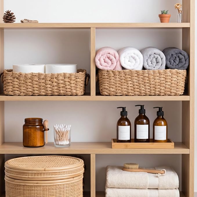 Natural Set of 3 Paper Rope Storage Baskets, Large Medium Small Woven Nesting Storage Container with Handles for Closet, Pantry, Bathroom, Shelf Organization Rustic Farmhouse Decor