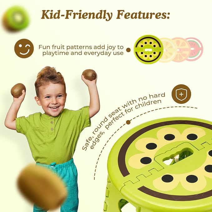 9 Inch Cute Folding Step Stool for Kids, with Handle, Kiwi Green | Foldable Step Stool, Heavy Duty, Lightweight, Non-Slip, for Toddler/Adults, for Kitchen Bathroom Outdoor, Sturdy Collapsible