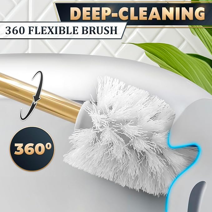 Wall-Mounted Toilet Brush and Holder Set, Clear Bowl (Gold Crystal) | Toilet Bowl Brush and Holder Set, Polished Gold Handle, Space-Saving Wall Mount, Stainless Steel Body, for Elegant Bathrooms