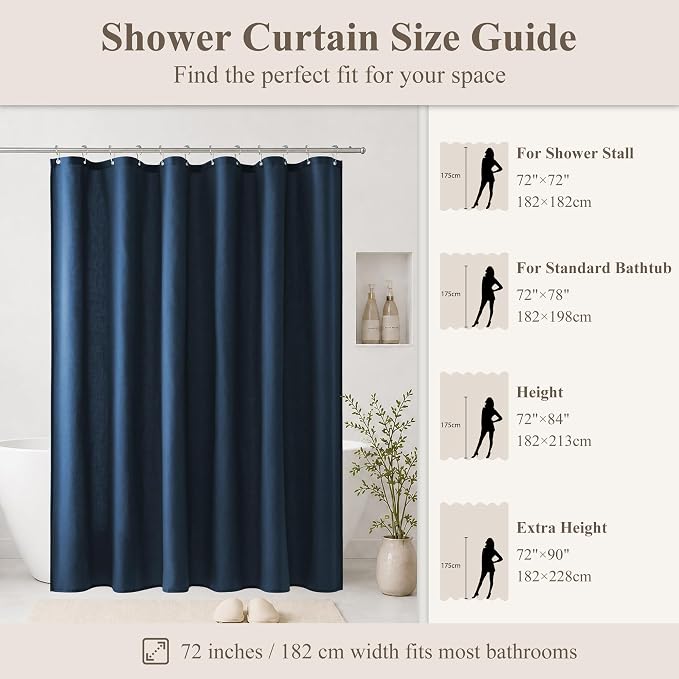 Jowels Navy Blue Linen Fabric Shower Curtains for Bathroom, 72x72 | Blue Linen Shower Curtains Set, Waterproof Washable Weighted Textile, Metal Hooks, Hotel Boho Farmhouse Bathroom Decor