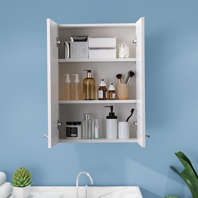 VANIRROR White Wall Mount Cabinet, MDF Over the Toilet Storage Cabinet | Medicine Cabinet with Adjustable Shelves, Space Saver 2 Door for Bathroom Laundry Kitchen,19x 27 inch