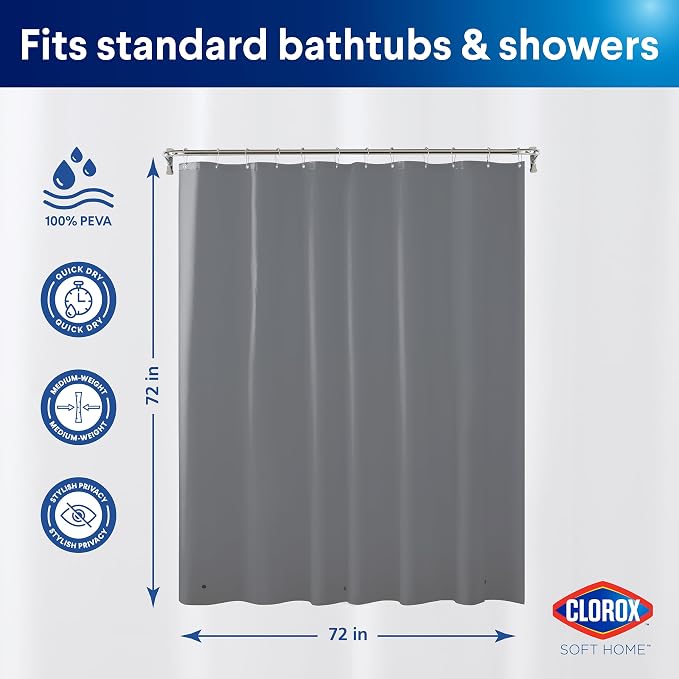 Clorox Shower Curtain Liner, Premium Colored Medium-Weight Durable Waterproof 6g PEVA for Bathroom with Weighted Magnets, Standard Size 72" x 72", Grey