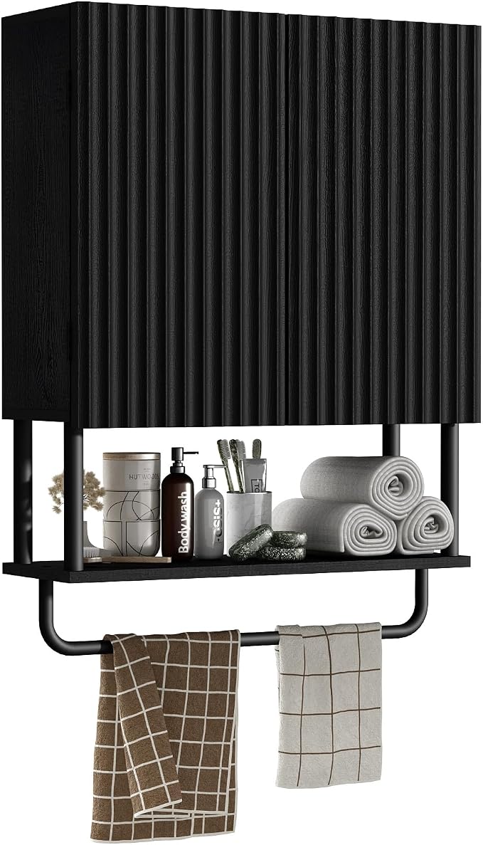 RUSTOWN Fluted Bathroom Wall Cabinet with 2 Doors, 3-Tier Medicine Cabinet | Modern Farmhouse Wall Mounted Cabinets, Over The Toilet Storage Cabinet, Adjustable Shelf and Towel Bar, Medium