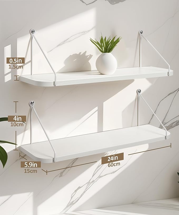 Afuly White Floating Shelves for Wall, 24in Shelf with Brackets, Set of 2 | Long Hanging Bookshelf, Plants Photos Display, Organizer Modern, for Bathroom, Kitchen, Living Room, Bedroom, Home Decor