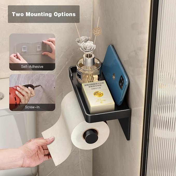 VOLDRA Toilet Paper Holder with Phone Shelf, Self-Adhesive or Screw-in Toilet Tissue Roll Holder Wall Mount, Rustproof & Multifunctional Bathroom Toilet Paper Holder Storage Dispenser(Black)