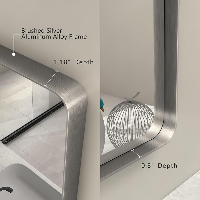 24x32 Inch Brushed Nickel Bathroom Vanity Mirror | Silver Metal Frame Mirror, Rounded Rectangle, Shatterproof, Anti-Rust, Hangs Horizontally or Vertically