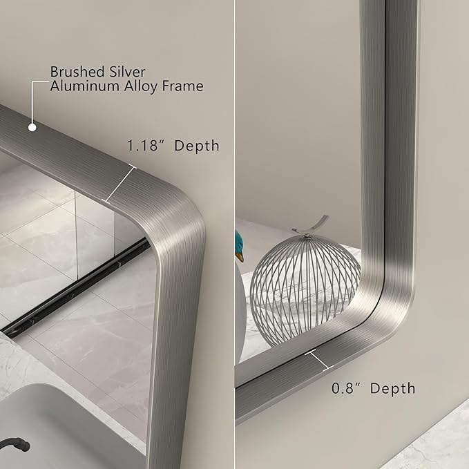 40x36 Inch Brushed Nickel Bathroom Mirror for Wall | Silver Metal Framed Bathroom Vanity Mirror, Rounded Rectangle, Anti-Rust, Shatterproof, Hangs Horizontally or Vertically