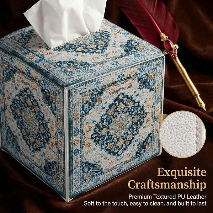 Tissue Box Cover Holder Square - Vintage Boho PU Leather Decorative Organizer, Ethnic Carpet Pattern Design Inspired, with Bottom Belt for Bathroom Car Office Tabletop Home, 5x5 Inch (Blue&White)