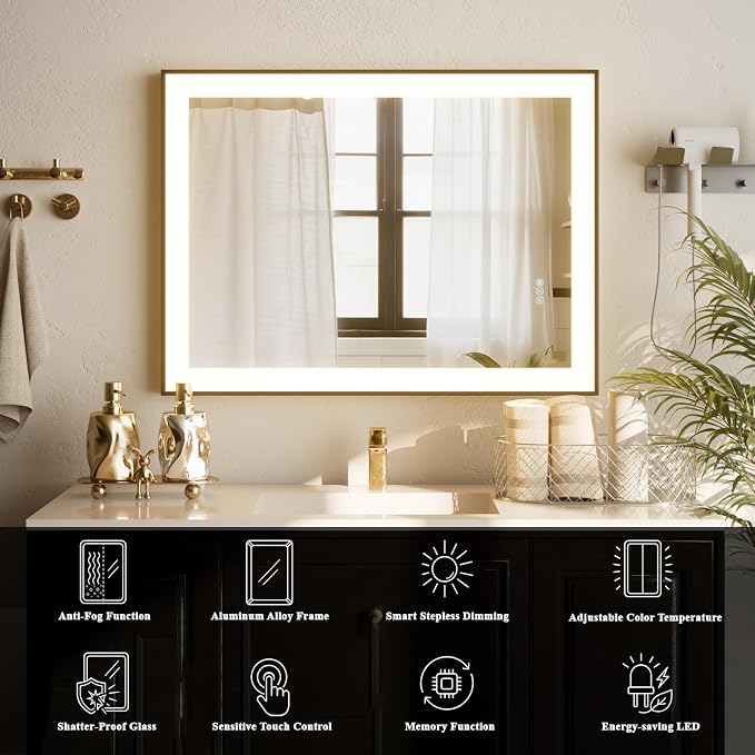 HARRITPURE Vanity Mirror with Lights, 24"x 32" LED Bathroom Mirror | Black Framed Lighted Mirror for Wall, Anti-Fog, Stepless Dimmable, 3 Color Modes, Memory Function