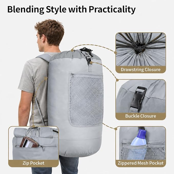 F-color Laundry Backpack for College, 115L Laundry Bag, Light Gray | Wide Shoulder Straps, Mesh Zipper Pocket, Drawstring Closure, Heavy-Duty, Dorm Room Essentials, Laundromat, Camping