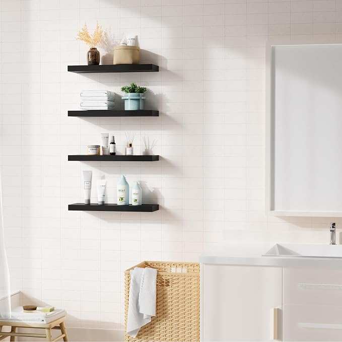 Floating Shelves for Wall, Black Engineered Wood Wall Shelf Set of 4, 16" Walls Mounted Floating Shelf for Kitchen, Living Room, Bedroom, Bathroom Storage, Book Shelf for Home Decor