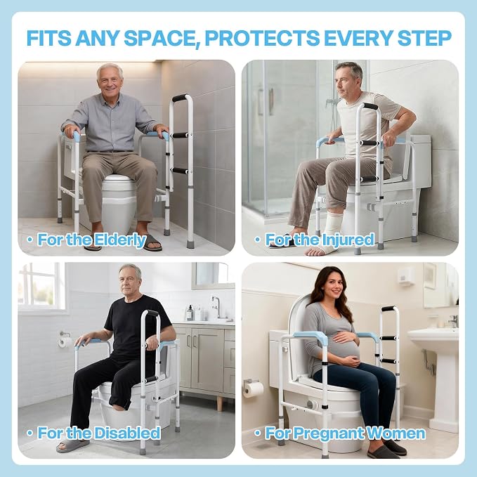Toilet Safety Rails for Seniors, Heavy Duty Adjustable Toilet Safety Frame | 665 lb Capacity Stand Assist Rail with Suction Cups, Non-Slip Feet, Adjustable Height&Width, Foldable No-Drill Support