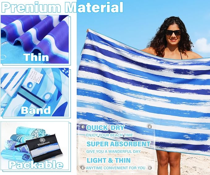 Widdonen Microfiber Beach Towel,Compact 4 Pack-71x32 Inch with Bag Travel | Extra Large,Lightweight,Thin,Sand Free,Quick Dry,Absorbent.Packable for Camping,Swim,Pool,Bath,Picnic,Cruise Essentials Gift