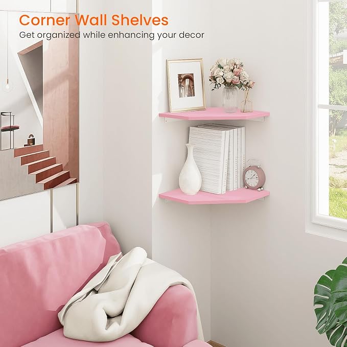 Corner Floating Shelves, Corner Wall Shelf with Cord Hole, 2 Tier Wood Hanging Corner Shelf for Bathroom, Bedroom, Living Room, Pink